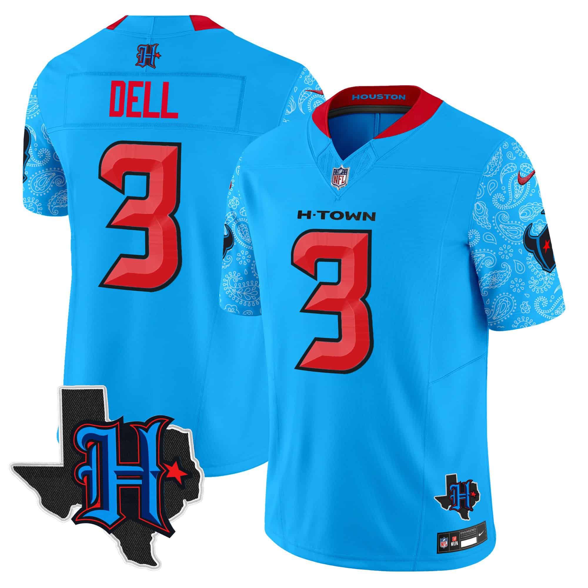 Men Houston Texans 3 Dell Light Blue 2024 Nike Texas Patch Vapor Limited NFL Jersey